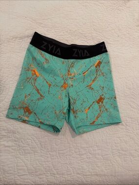 ZYIA Aqua Shorts with Metallic Gold Marble Accents